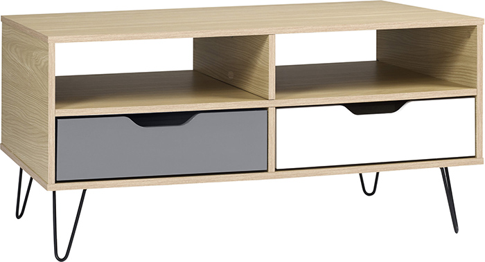 Bergen 2 Drawer Coffee Table In Oak Effect With White And Grey - Click Image to Close